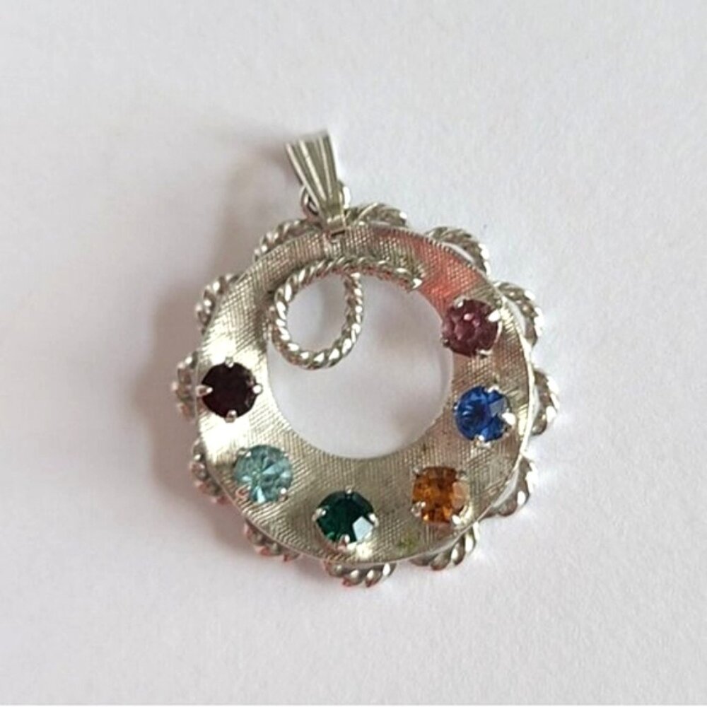 Vintage 50s Rainbow Sterling Silver Multi Colour Crystal Scallop Pendant - Picture 2 of 6